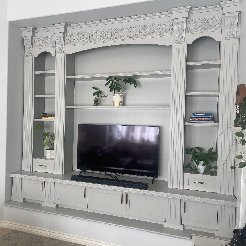 The same entertainment centre after refinishing in sprayed white 2K polyurethane — Luxe Carpentry Group, San Diego